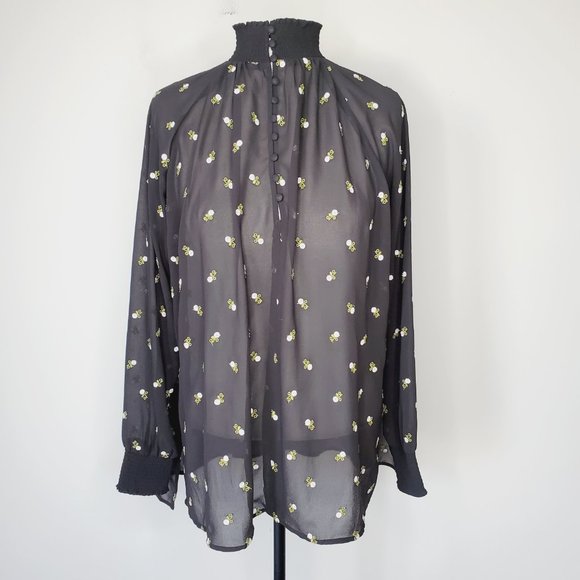 CABI Cottagecore Embroidered Floral Black Chiffon Top Blouse - Picture 2 of 10